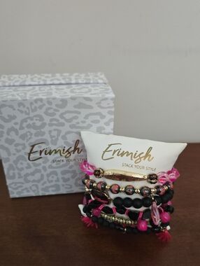 Erimish Hot Pink and Black Mixed Bead Stackable Bracelet Set ( 75)